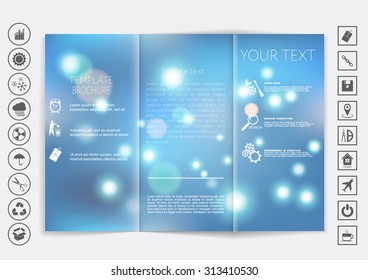 Tri-Fold Brochure mock up vector design. Smooth unfocused bokeh background. Corporate Business Style