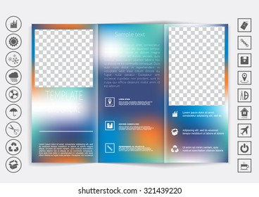 Tri-Fold Brochure mock up vector design. Smooth unfocused bokeh background. Corporate Business Style