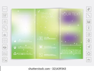 Tri-Fold Brochure mock up vector design. Smooth unfocused bokeh background. Corporate Business Style