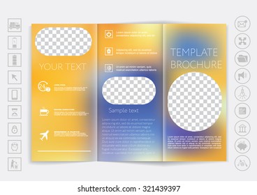 Tri-Fold Brochure mock up vector design. Smooth unfocused bokeh background. Corporate Business Style