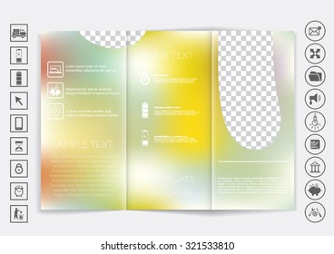 Tri-Fold Brochure mock up vector design. Smooth unfocused bokeh background. Corporate Business Style