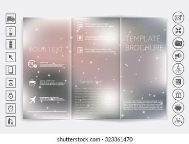 Tri-Fold Brochure mock up vector design. Smooth unfocused bokeh background. Corporate Business Style