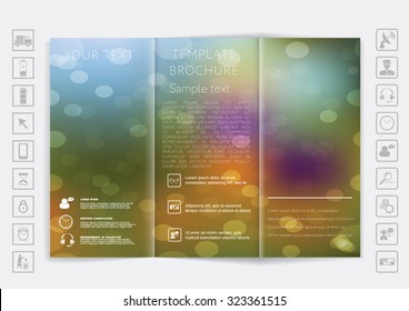 Tri-Fold Brochure mock up vector design. Smooth unfocused bokeh background. Corporate Business Style