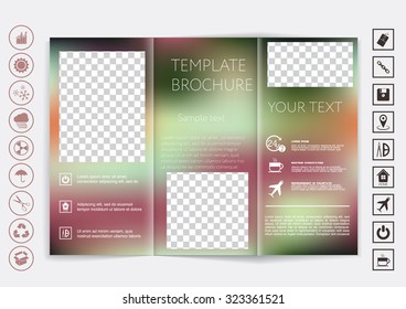 Tri-Fold Brochure mock up vector design. Smooth unfocused bokeh background. Corporate Business Style
