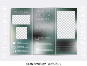 Tri-Fold Brochure mock up vector design. Smooth unfocused bokeh background. Corporate Business Style