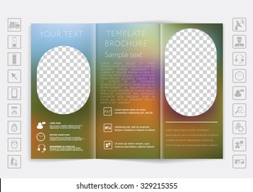 Tri-Fold Brochure mock up vector design. Smooth unfocused bokeh background. Corporate Business Style