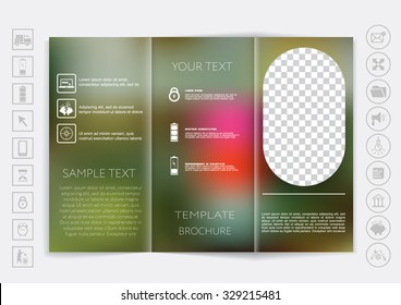 Tri-Fold Brochure mock up vector design. Smooth unfocused bokeh background. Corporate Business Style