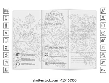 Tri-Fold Brochure mock up vector design. Corporate Business Style. Hand-drawn pattern background design