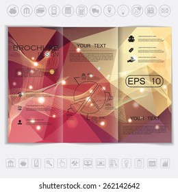 Tri-Fold Brochure mock up vector design.Polygonal background with waves and shiny elements. Corporate Business Style