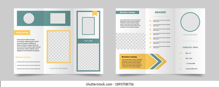 Trifold brochure mockup. Green and yellow magazine poster. Editable presentation banner. Business trifold booklet. Isolated brochure template. Vector illustration. EPS 10