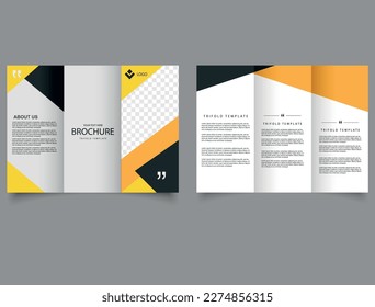 Trifold brochure with orange and dark triangles. Corporate business trifold brochure template. Vector file.