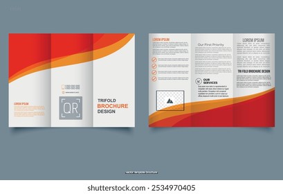 Trifold brochure with orange transparent waves. Ready Brochure Template.