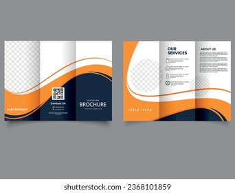 Folleto triplicado con olas anaranjadas. Plantillas vectoriales editables con elementos de diseño