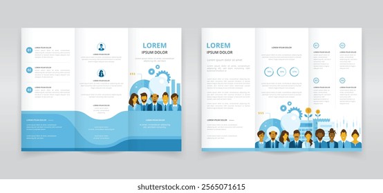 Trifold brochure, pamphlet or triptych leaflet template for business and finance sector featuring diverse group of corporate professionals