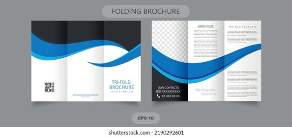 Tri-fold brochure, print ready, brochure with blue waves. Flyer for printing. Vector graphics. Business brochure template