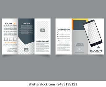 Trifold brochure with smartphone. Construction trifold brochure template or company profile. Vector illustration