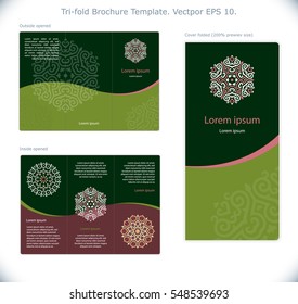 Trifold Brochure Template with Caucasian folk decor elements. Vector Illustration.