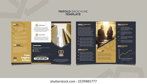 Plantilla tríptica de folletos, con motivo corporativo de colores base gris oscuro y dorado, con un elegante toque formal