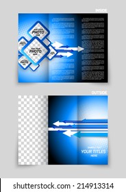Tri-fold brochure template design in blue color with arrow and squares