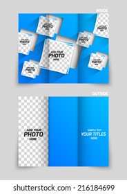Tri-fold brochure template design with blue cut out squares