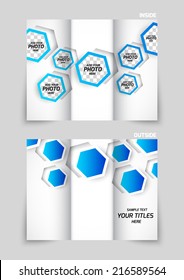 Tri-fold brochure template design with blue hexagons