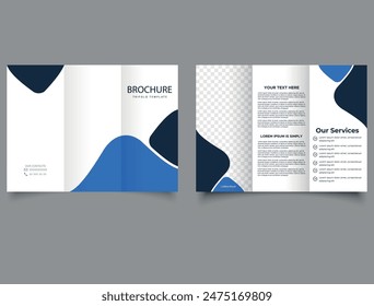 Trifold brochure template design in blue and white colors with double sided printing. Promotion Marketing.