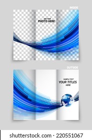 Tri-fold brochure template design with globe and blue wave
