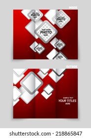 Tri-fold brochure template design with gray squares on red background