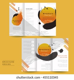 tri-fold brochure template design with ink brush and geometric graphic