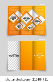 Tri-fold brochure template design with orange cut out squares