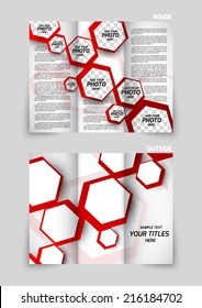 Tri-fold brochure template design with red hexagons