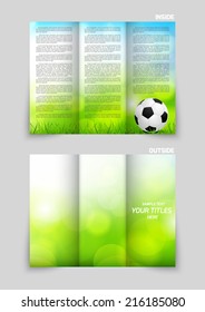 Tri-fold brochure template design with soccer ball and green and blue background