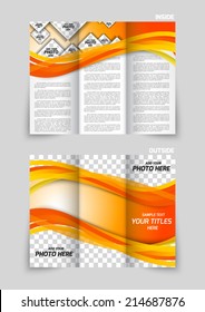 Tri-fold brochure template design with squares and orange wave