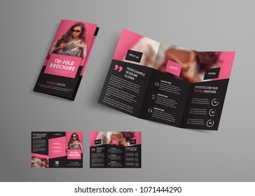 tri-fold brochure template with diagonal elements and a place for a photo. Design booklet for business, advertising and printing. Vector illustration