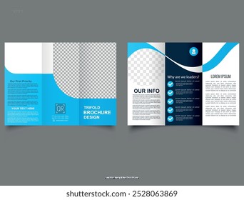 Plantilla de folleto triple. Explore nuestro moderno diseño de Plantilla de folletos TriFold que es perfecto para sus necesidades comerciales. Diseño de Vector.