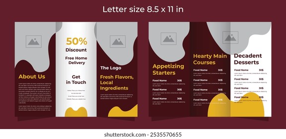 Trifold brochure template for food compagny in dark red and yellow colors