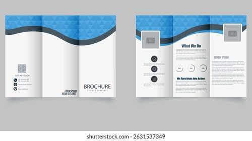 Trifold brochure template with geometric shapes and editable placeholders. Ideal for business promotion, digital marketing, or corporate presentation layouts. Vector graphics.