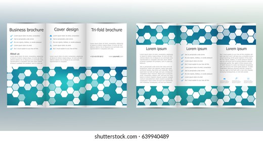 Tri-fold brochure template with hexagonal background. Vector illustration