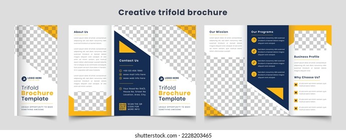 Trifold brochure template layout with abstract yellow color geometric shape Vector. Company 6-page Minimal brochure design. Company profile design.