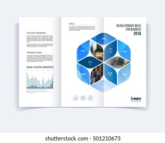 Tri-fold Brochure template layout, cover design, flyer in A4 with blue rhombus, rectangle, diagram infographics for business and construction concept. Abstract vector design.