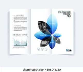 Tri-fold Brochure template layout, cover design, flyer in A4 with geometric flower shapes, diagram infographics for engineering and nature concept. Abstract vector design.