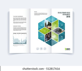 Tri-fold Brochure template layout, cover design, flyer in A4 with turquoise rhombus, rectangle, diagram infographics for business and construction concept. Abstract vector design.