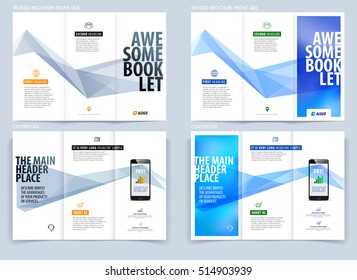 Tri-fold Brochure template layout, cover design, flyer in A4 with triangles, polygons and blurred mesh background for engineering and nature concept. Abstract vector design set.