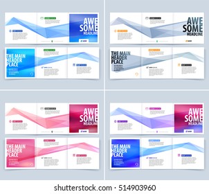 Tri-fold Brochure template layout, cover design, flyer in A4 with triangles, polygons and blurred mesh background for engineering and nature concept. Abstract vector design set.