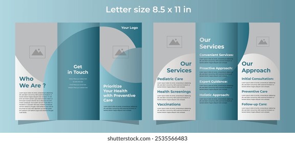 Trifold brochure template for medical care in soft blue gradient colors