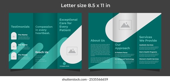 Trifold brochure template for medical care in soft green and dark green colors