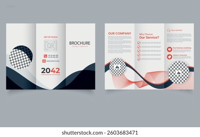 Trifold brochure template with modern design, corporate business flyer in vector. Design with waves. Editable file.