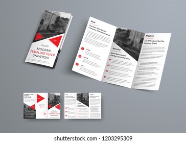 Tri-fold brochure template in modern style with red triangles and space for photo. Universal white design for business advertising. Vector Illustration