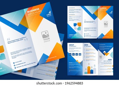 Tri-fold brochure template in modern style with creative shapes and space for photo. Universal white design for business advertising. 