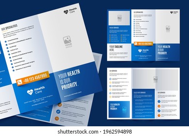 Tri-fold brochure template in modern style with space for photo. Universal white design for business advertising. 